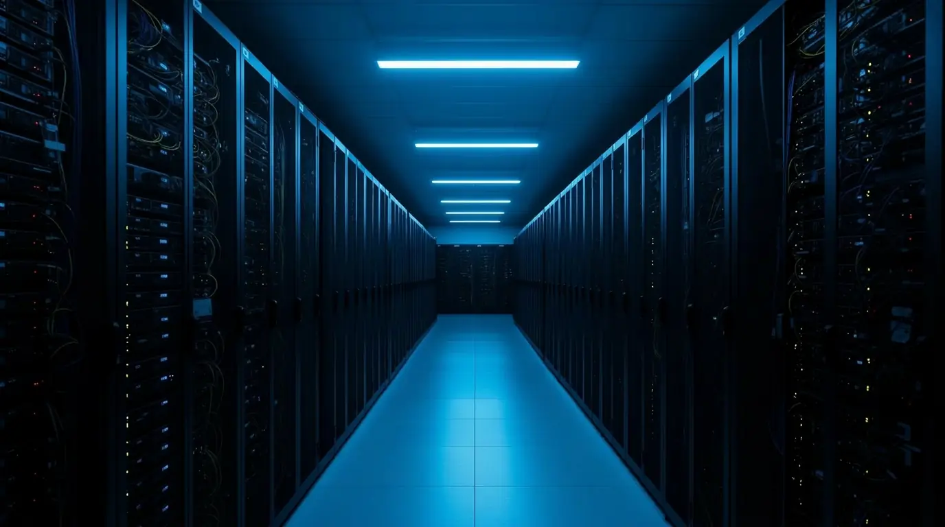 Eilax™ data center with rows of illuminated server racks