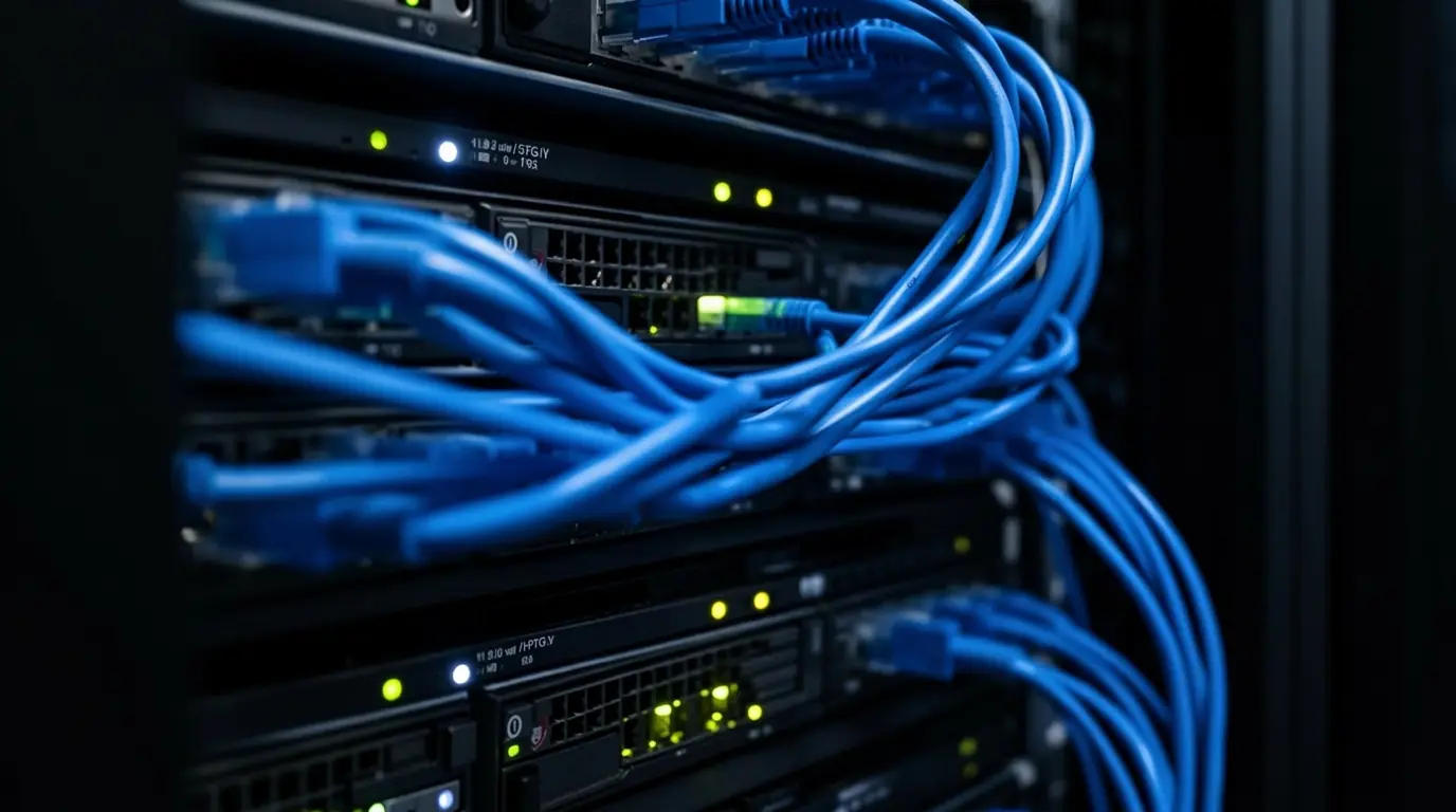 Close-up of server rack hardware with blinking status LEDs